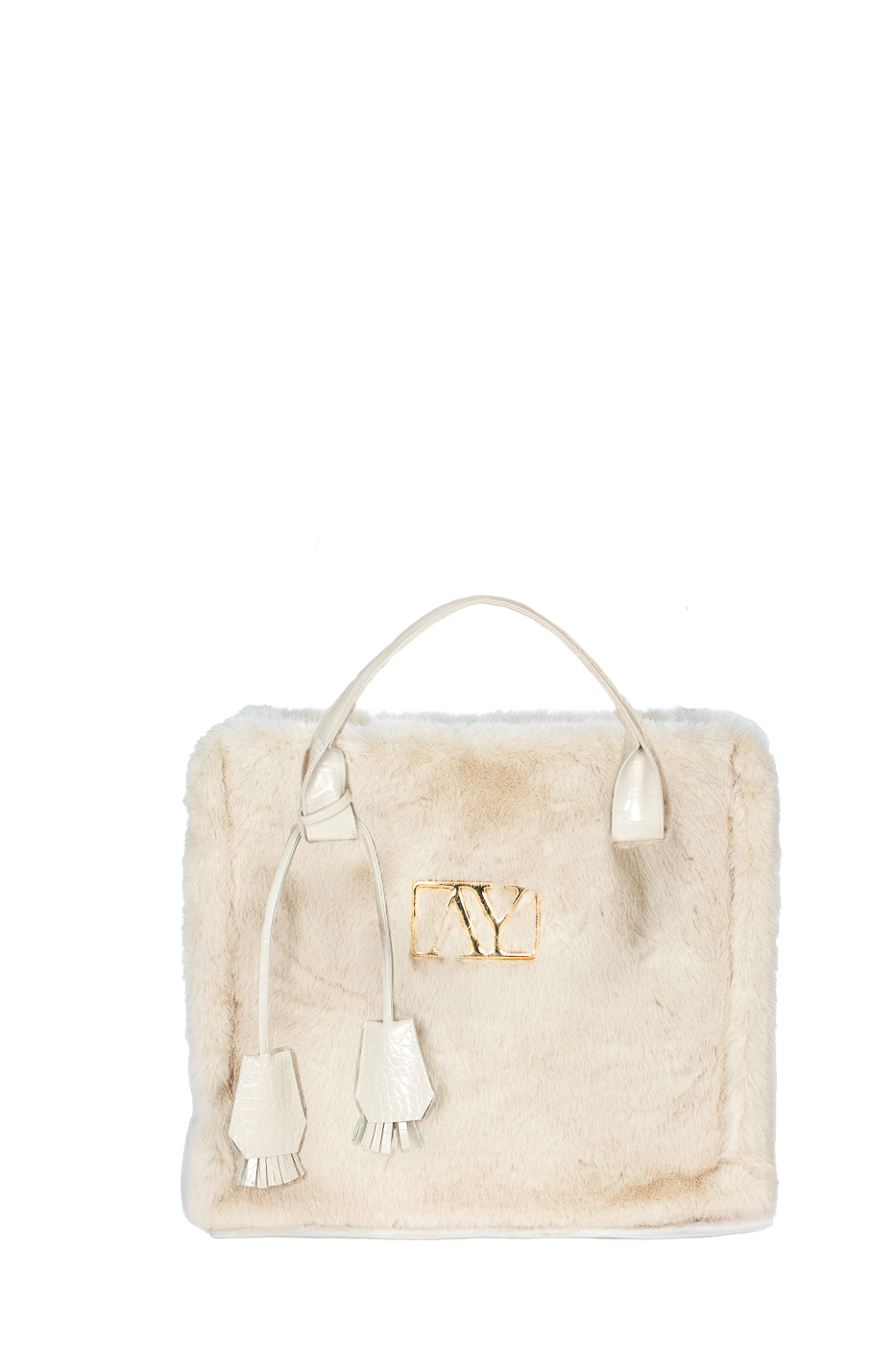 BORSA FAKE FUR CON LOGO E MANICO ECOPELLE, 35X30X15 - IVORY